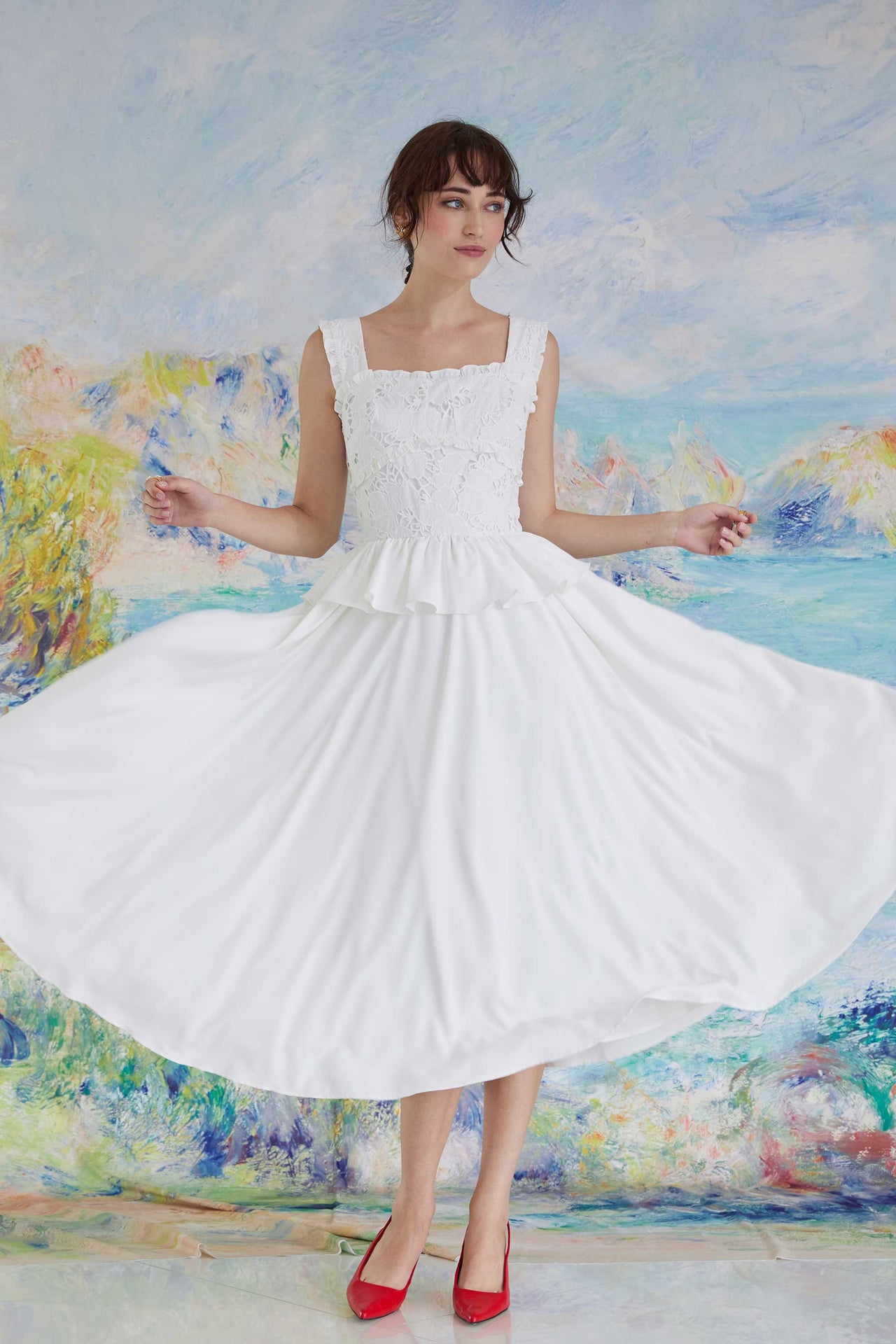 Layered Peplum Tea Dress (White)