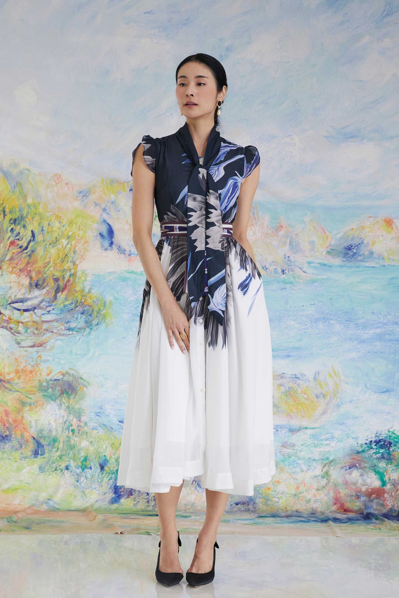 Snowdrop Sleeves Bow Tea Dress (Chicory)